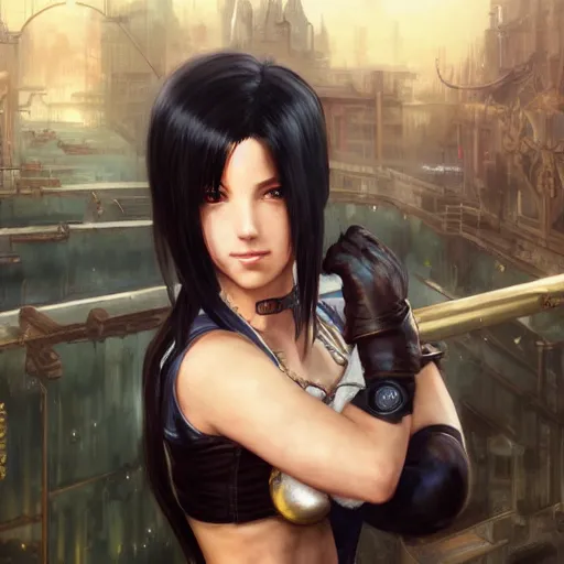 Image similar to a portrait painting of tifa from final fantasy 7, midgard steam punk city as backdrop, by greg rutkowski, artgerm, wlop, ruan jia, krenz cushart, alphonse mucha, marble, gold, unreal engine 5