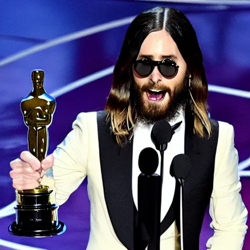 Prompt: Jared Leto wins an oscar award for the movie of all time