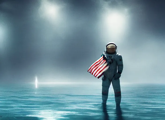 Image similar to astronaut holding a flag in an underwater desert. a submarine is visible in the distance. dark, concept art, cinematic, dramatic, atmospheric, 8 k, trending on artstation, blue, fish, low visibility, fog, ocean floor, christopher nolan, interstellar