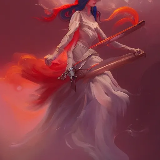 Image similar to a painting of a woman holding a sword, a digital painting by peter mohrbacher, trending on artstation, metaphysical painting, speedpainting, made of feathers, digital painting, painting made of feathers mist and cloud, the woman made of curly silk with red edges