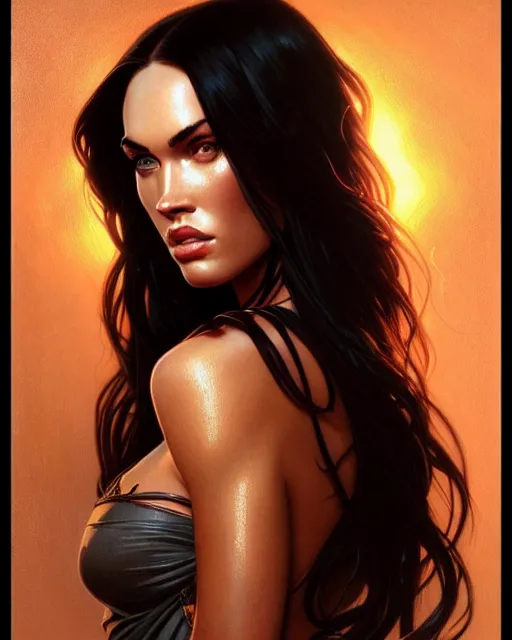 Image similar to portrait of megan fox with sultry face expression, glowing eyes, intricate, headshot, highly detailed, digital painting, artstation, concept art, sharp focus, cinematic lighting, illustration, art by artgerm and greg rutkowski, alphonse mucha, cgsociety