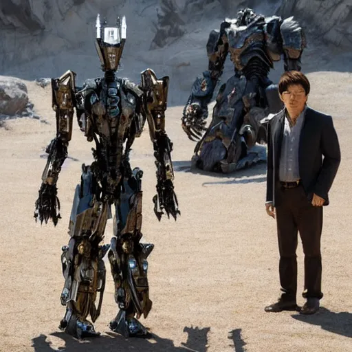 Image similar to cinematic still in westworld and pacific rim movie and real steel movie, one slim full body ornate intricate humanoid mega mech by fujioka kenki and by mamoru nagano