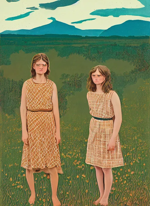 Image similar to composition by justine kurland, a zoomed out portrait of 3 beautiful tan skinned light brown hair girls in different pattern dresses in a scenic representation of mother nature and the meaning of life by billy childish, thick visible brush strokes, shadowy landscape painting in the background by beal gifford, vintage postcard illustration, minimalist cover art by mitchell hooks