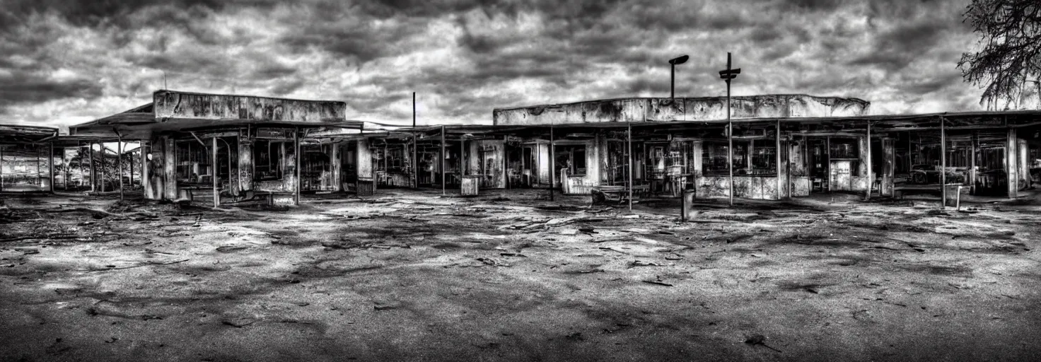 Prompt: Abandoned cafe on parking lot HDR cinematic noon detailed apocalyptic