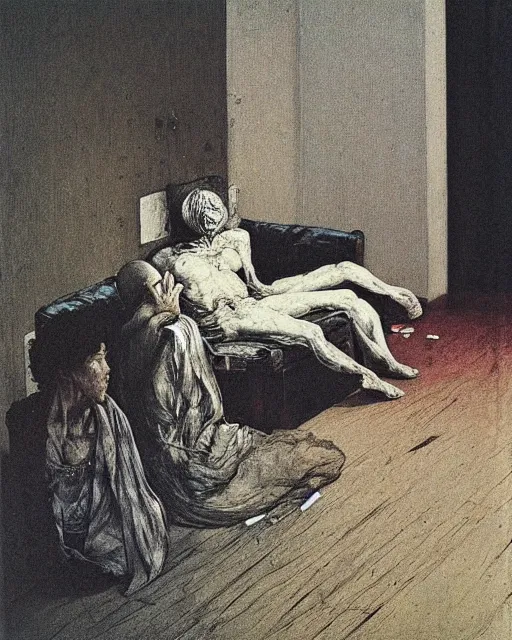 Prompt: an old dead person sitting on an old couch in an old apartment with woman on the floor,  Francisco Goya painting, part by Beksiński and EdvardMunch. art by Takato Yamamoto, Francis Bacon masterpiece