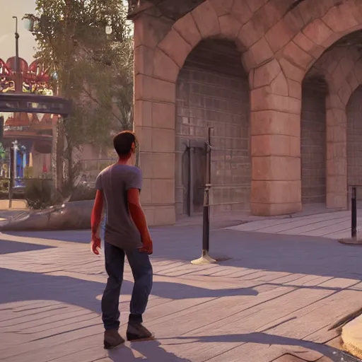 Prompt: Man in ragged clothes walking through the entrance of a desolate Disney Park, hyperrealistic, unreal engine 5