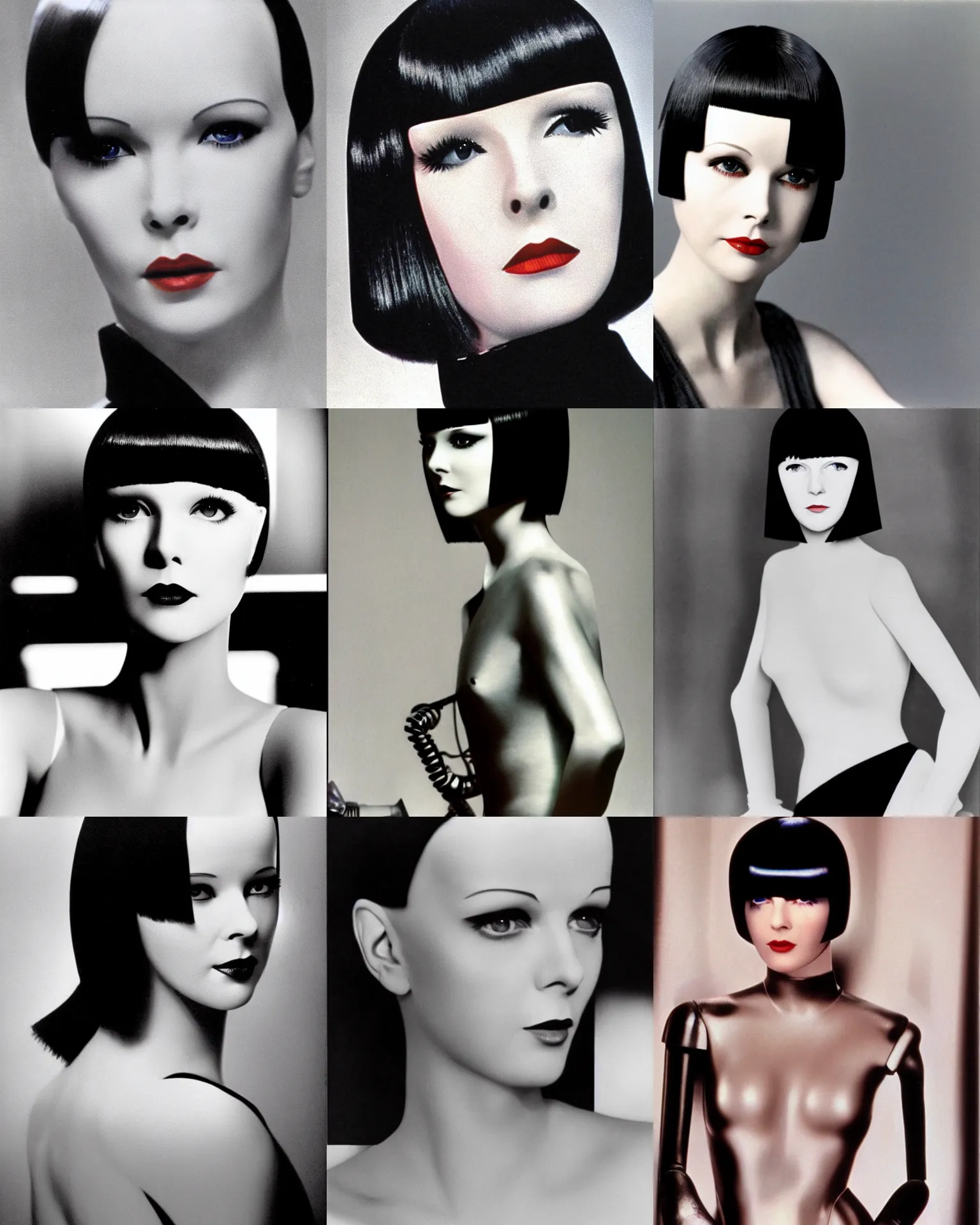 Prompt: mary louise brooks is half robot, chrome skin, 1 9 8 0 s airbrush, clean lines, futuristic, blade runner, do not trust her