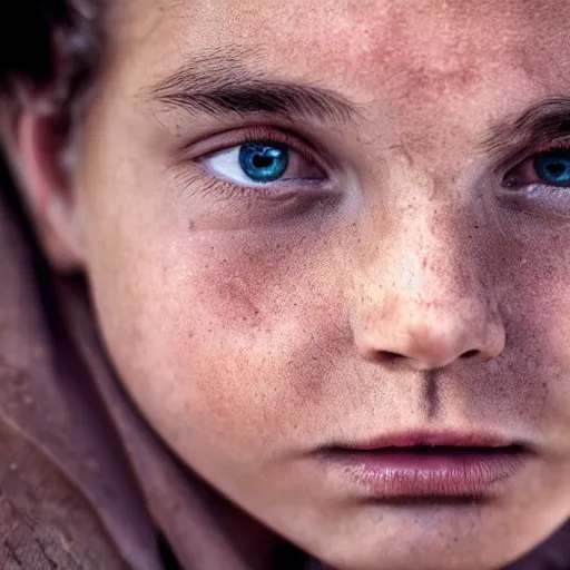 Image similar to photographic Close-up face of a extremely beautiful girl with clear eyes and light brown hair , high light on the left, non-illuminated backdrop, illuminated by a dramatic light, Low key lighting, light dark, High constrast, dramatic , Steve Mccurry, Lee Jeffries , Norman Rockwell, Craig Mulins ,dark background, high quality, photo-realistic, 8K,