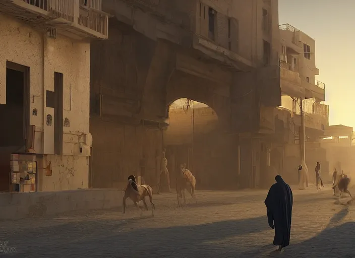 Image similar to old cyber jeddah city alley, roshan, old shops, horse, magical glowing sand gateway to another dimension, ( several robots )!!! and a man wearing a white robe standing watching over, dramatic lighting, dawn, by caspar david friedrich, unreal engine 5
