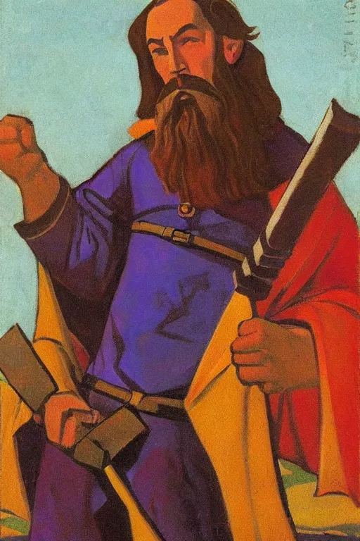 Image similar to thor holding the hammer, marvel, artwork by nicholas roerich,