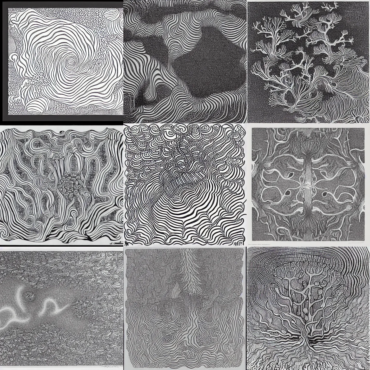 Prompt: a deep sea coral reef drawn by m. c. escher and victor vasarely and gustav klimt