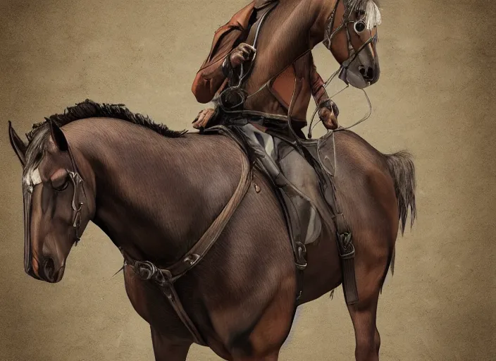 Image similar to concept art of algie skinned stallion, carrying a saddle bag, digital art, photo realistic, highly detailed