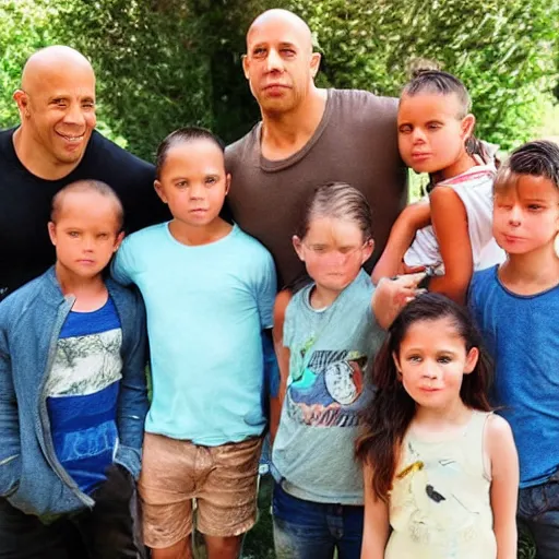 Image similar to closeup photo of vin diesel and his 6 children, sunny day, village house, pastoral, happy, cinematic, art by jan urschel and neil blevins