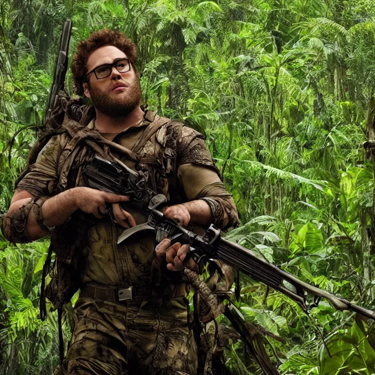 Prompt: seth rogan in the movie predator with rifle in the jungle, photo - realism, realism, predator, jungle camo