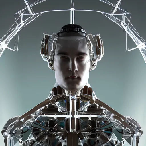 Image similar to beautiful centered fine art photo of man on cross as a solarpunk robotic humanoid, white mechanical parts with led lights, bouguereau style pose, photorealistic, white background, highly detailed and intricate, soft box lighting, hdr 8 k