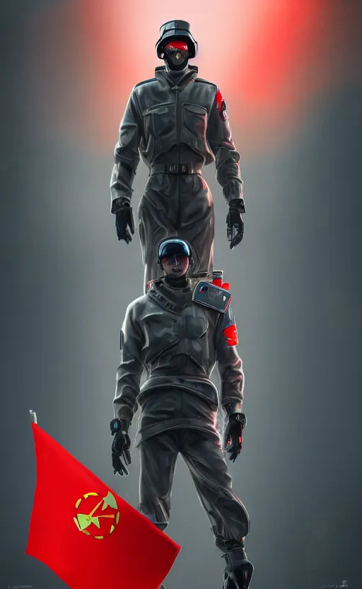 Prompt: Futuristic Cyberpunk Soviet soldier with Soviet flag in background, overdetailed digital art, hd, 4k