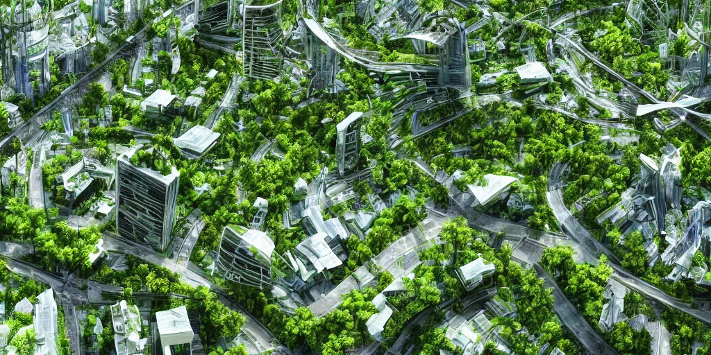 Prompt: a wide angle photograph of a futuristic eco city, green trees, green grass, extreme detail, intricate buildings, intricate nature, sharp lines, cinematic lighting, hopeful future, ergonomic, human centric, connected