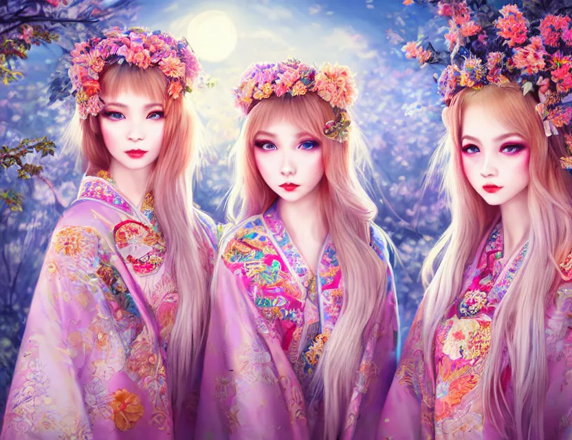 Image similar to two beautiful fashion siberian girls wear fantasy kimono in festival | | big eyes, sunny, dreamlike art, realistic shaded, smile, good looking, hyper details, 4 k realistic, cryengine, realistic shaded lighting poster by artgerm, ross tran, fuji choko, loish, 8 k resolution, trending on artstation, luxury