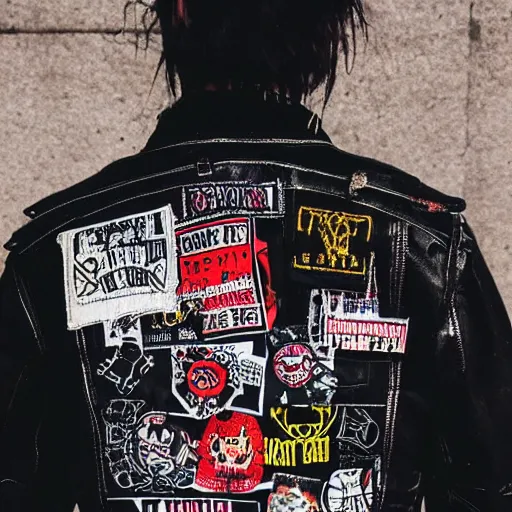 a punk jacket covered in band patches and anarchists