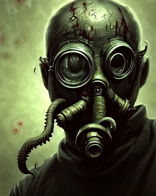 Image similar to a male zombie with gasmask old man | | elderly - face, wrinkled face, realistic shaded perfect face, fine details. anime. tentacles, cthulu, eldritch abomination, dunwitch horror, realistic shaded lighting poster by greg rutkowski, magali villeneuve, artgerm, jeremy lipkin and michael garmash and rob rey