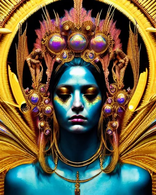 Prompt: hyperrealistic detailed portrait of a beautiful goddess in an iridescent - gold ornamental ritual headdress, intricate cyberpunk make - up, golden face tattoos, insane details, art by ernst haeckel, android jones, john william godward, gothic - cyberpunk, beautiful deep colours,