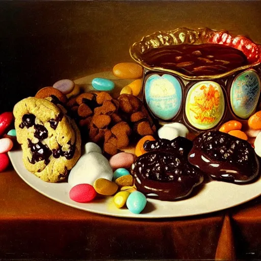 Prompt: opulent banquet of plates of freshly baked chocolate chip cookies and jelly beans, chocolate sauce, marshmallows, delicious, glistening, highly detailed, food photography, art by rembrandt