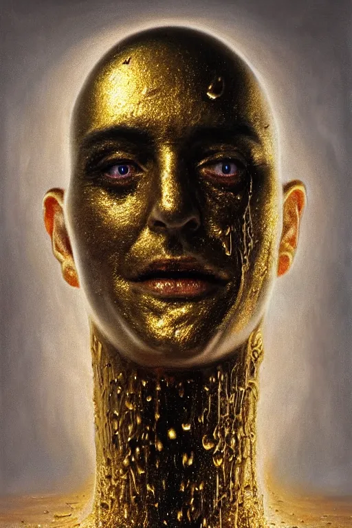 Image similar to Hyper realistic portrait of a ghost with melting face, gold raining in the background, Cinematic lighting, ultra super good realistic 3D render by Gerald Brom and Zdzisław Beksiński, insanely detailed, trending on artstation, 8k