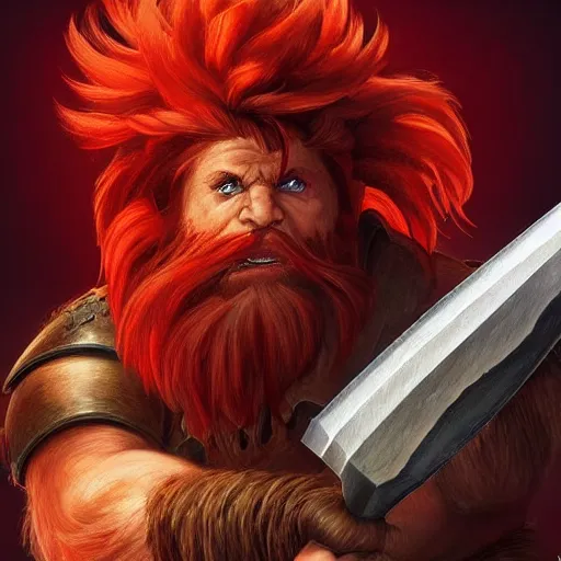 Prompt: masterpiece digital painting portrait of a ( troll slayer dwarf ), red hair, epic, cinematic lights, with an axe, by boris vallejo and samwise didier, warhammer battle, artstation, pinterest, unreal engine render, 8 k, detailed