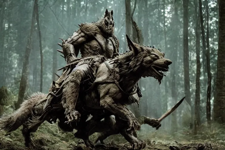 Image similar to vfx movie closeup detailed ancient armored warrior orc hunting riding large wolf in the forest, natural lighting by emmanuel lubezki