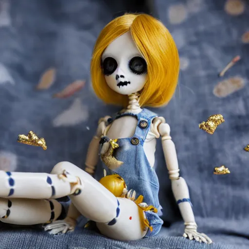 Image similar to lovely realistic ball jointed high end lapis lazuli with gold inclusions skeleton doll with cute white yellow overalls and cute nature themed accessories, inside gothic doll manor bedroom, god rays, dust particles, photorealistic, aesthetic shot, worms eye view, macro camera lens, high definition, thematic, cinematic, lens flare