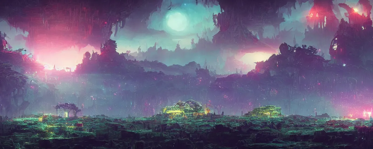 Image similar to ” otherwordly landscape at night, [ bioluminescense, cinematic, detailed, epic, widescreen, opening, establishing, mattepainting, photorealistic, realistic textures, octane render, art by slop and paul lehr ] ”