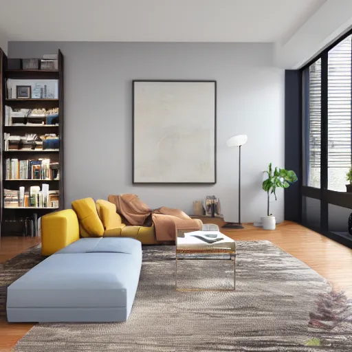Image similar to insanley detailed 3d render, fog, wide angle, athmosperic, large award winning interior design apartment, dusk, cozy and calm, fabrics and textiles, colorful accents, secluded, many light sources, lamps, hardwood floors, book shelf, couch, desk, balcony door, plants