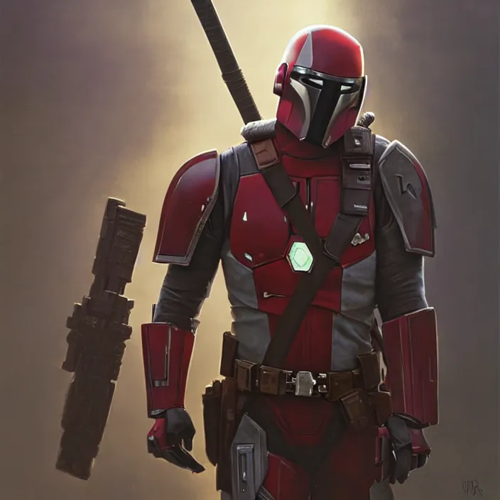 Image similar to a mandalorian helmet in the style of deadpool, futuristic, late afternoon light, by greg rutkowski and ruan jia