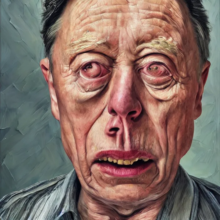 Prompt: hyperrealistic close up studio portrait of aging old Elon Musk age 103 wrinkled sorrowful, oil painting by Ivan Albright and Lucian Freud and Ron Mueck, trending on artstation Studio lighting hyperrealism