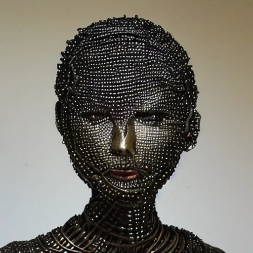 Prompt: a woman made completely of plated metal