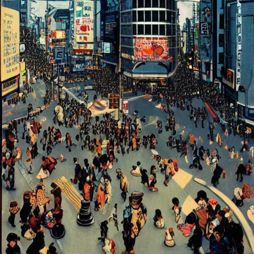 Image similar to Tokyo's Shibuya Crossing painted by Norman Rockwell