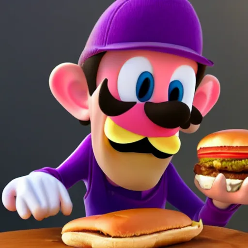 Image similar to waluigi eating hamburger, hyperrealistic, hyperdetalied, high quality, 8 k, high rendering, photorealistic, cinematic, cgsociety, artstation,