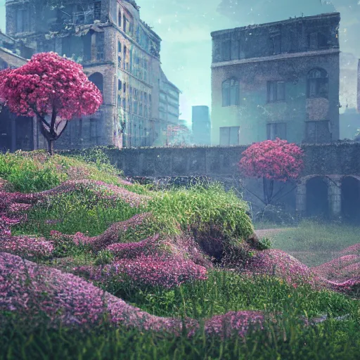 Image similar to A ruined city overgrown by flowers, octane render, 8K, depth of field, By WLOP