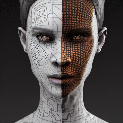 Image similar to : androgynous person with maze pattern skin all over hyper detailed art station  dalle2 contest winners unrealengine trending on artstation,cinematic, hyper realism, high detail, octane render, 8k