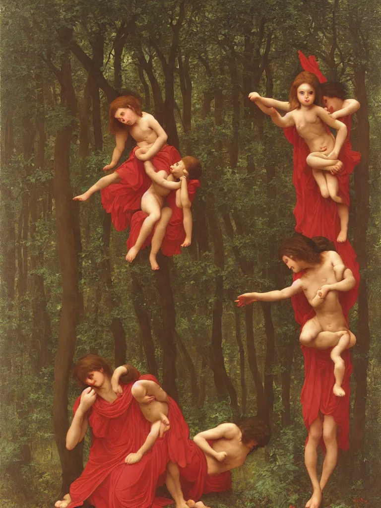 Image similar to red demon from hell is crying in the forest, by bouguereau and by andrey remnev