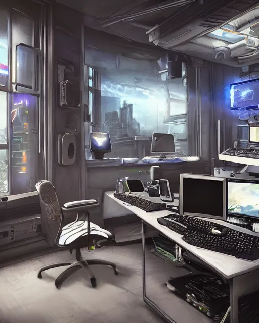 Image similar to artstation scifi scene of a complex computer workstation in a small studio apartment room, many monitors, many electronics, very detailed, maximalism, volumetric light, atmospheric haze, unreal engine, hyper realism, realistic shading, cinematic composition, realistic render, octane render, detailed textures, photorealistic, wide shot