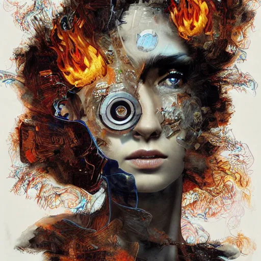 Image similar to she is burning her digital past with glitched flames made of bits, oil on canvas by dave mckean, james jean and esao andrews