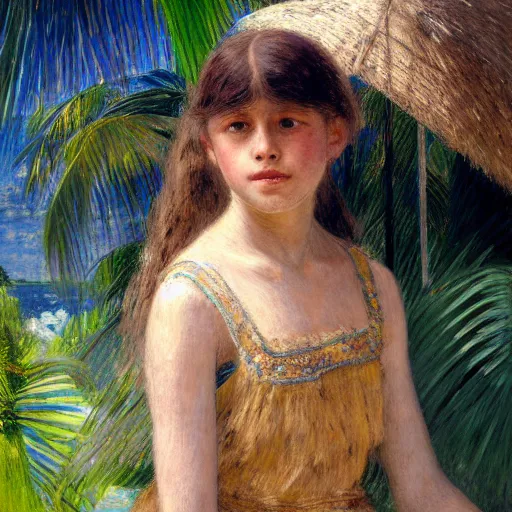 Image similar to a ultradetailed beautiful painting of a girl in the amazonas palace designed by jules bastien - lepage, hans belmer, frank weston and gustave baumann, beach, trending on artstation, mediterranean, palm trees, refracted color sparkles, sharp focus, soft light, 8 k 4 k