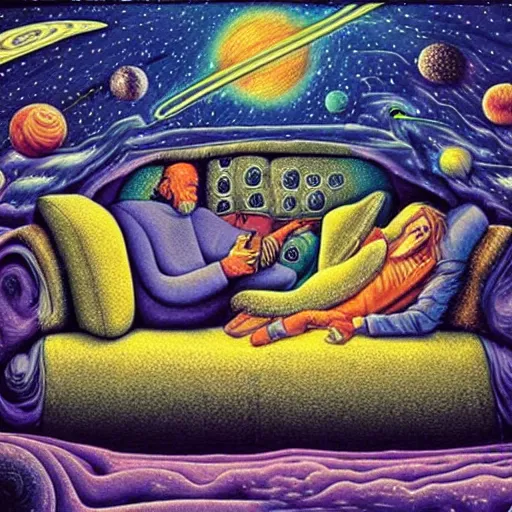 Prompt: psychedelic trippy couch in space, planets, milky way, sofa, cartoon by rob gonsalves and gustav dore