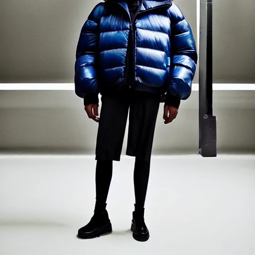 Image similar to realistic photoshooting for a new balenciaga lookbook color film photography of a beautiful woman model, model wears a puffer jacket, photo in style of tyler mitchell, ssense