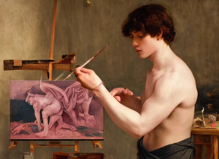 Image similar to a young painter in his studio painting a picture of a pink pokemon, by edgar maxence and caravaggio and michael whelan and delacroix style, artistic, intricate drawing, cinematic lighting, hyper realistic, extremely detailed, establishing shot, 8 k resolution, dramatic lighting