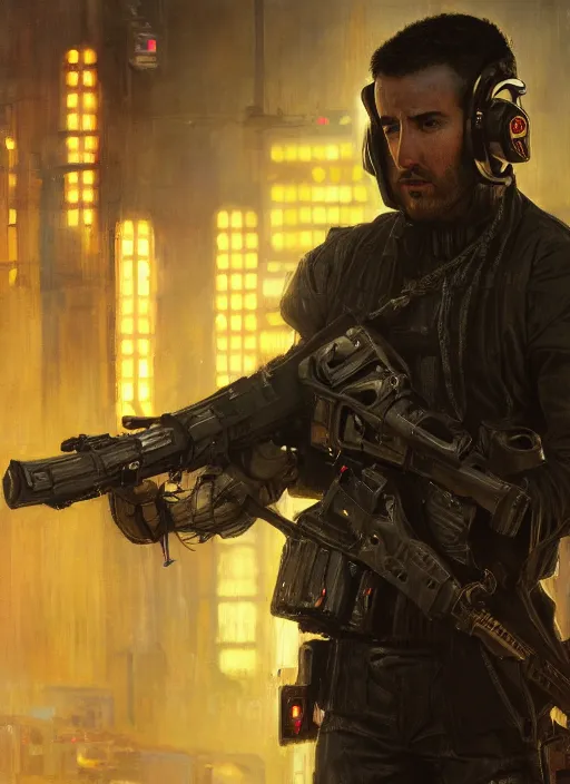 Image similar to 🤿🎧🚧 cyberpunk police trooper in a military vest ( blade runner 2 0 4 9, cyberpunk 2 0 7 7 ). orientalist portrait by john william waterhouse and james gurney and theodore ralli and nasreddine dinet, oil on canvas. cinematic, hyper realism, realistic proportions, dramatic lighting, high detail 4 k