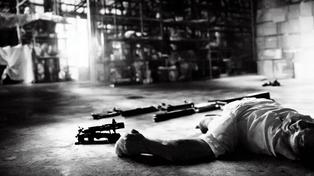 Image similar to film still of a wounded man in a white shirt laying in a warehouse next to a gun on the ground. moody, grainy, 4 k, high detail, aesthetic, good composition, anatomically correct, directed by quentin tarantino,