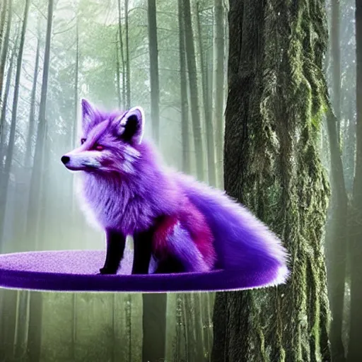 Image similar to a purple fox with a long fluffy and shiny coat sits in the forest on a ufo flying saucer. super realistic photo. clear details