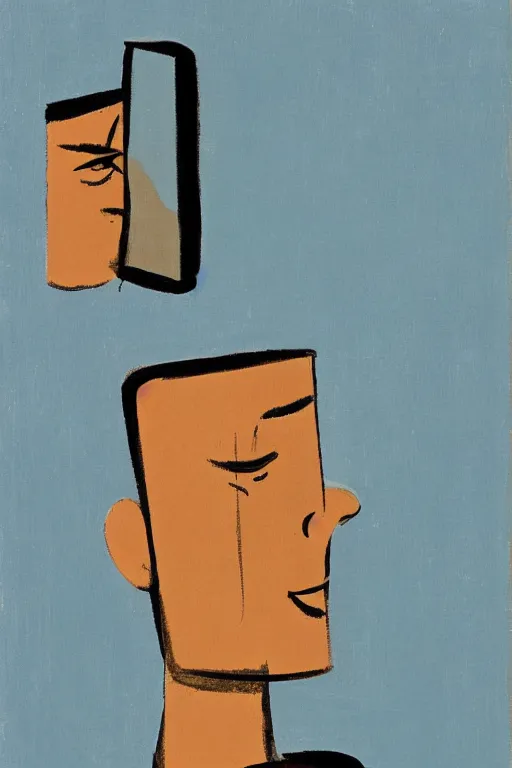 Prompt: man looking into a mirror, 1960’s minimalist advertising illustration, painterly, expressive brush strokes